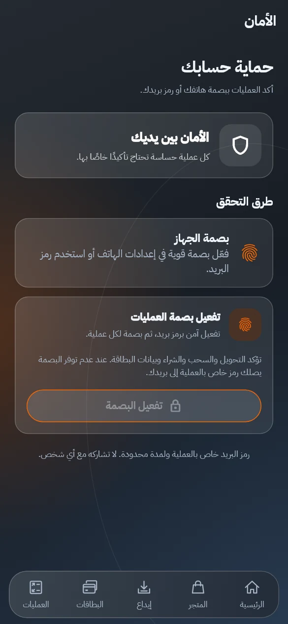 واجهة تطبيق وتد كاش: حماية الحساب ببيانات توضيحية